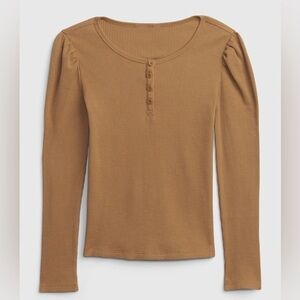 GAP Fitted Waffle Knit Blouse Girls 10 NWT Brown Puff Sleeve
